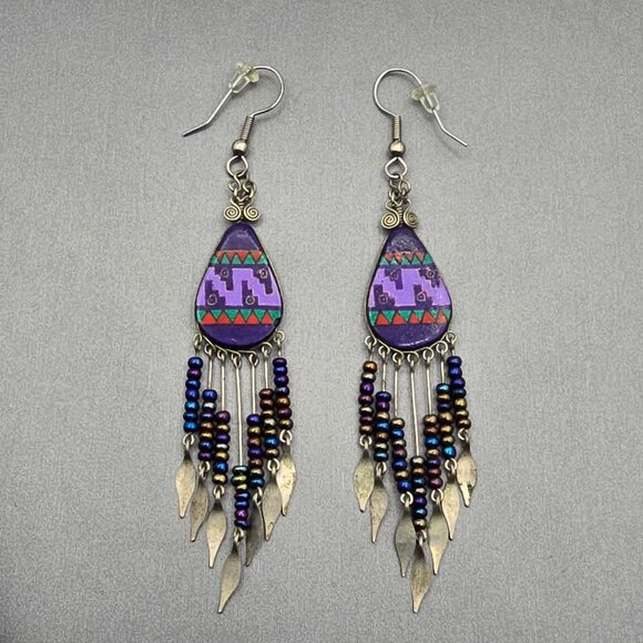 VTG Purple Southwestern Dangle Drop Earrings Beaded Fringe Tribal Pattern Design - Picture 7 of 7